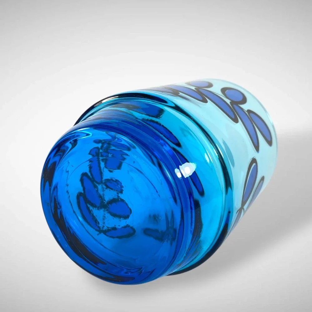 Set of 6 Electric Blue Glass Tumblers Abstract Leaf‎ Design Vintage Barware